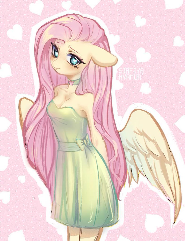 [anthro,blushing,breasts,choker,cleavage,clothes,cute,dress,female,floppy ears,fluttershy,heart,mare,pegasus,safe,simple background,solo,pink background,shyabetes,shoulderless,heart background,arm behind back,artist:sirfiyanyamur]