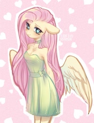 Size: 825x1075 | Tagged: safe, artist:sirfiyanyamur, fluttershy, pegasus, anthro, g4, arm behind back, blushing, breasts, choker, cleavage, clothes, cute, dress, female, floppy ears, heart, heart background, mare, pink background, shoulderless, shyabetes, simple background, solo