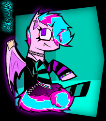 Size: 1490x1700 | Tagged: safe, artist:xxv4mp_g4z3rxx, oc, oc only, oc:sweetie swirl, bat pony, pony, 2023, bat pony oc, belt, black shirt, border, bracelet, choker, clothes, commission, ear fluff, ear piercing, eyeliner, eyeshadow, fangs, femboy, folded wings, hair over one eye, hooves, jewelry, kandi bracelet, long sleeves, looking up, makeup, male, necklace, piercing, pink coat, purple eyes, red eyeshadow, shirt, signature, simple background, sitting, skirt, slit pupils, smiling, smirk, socks, solo, striped socks, t-shirt, tail, teal background, two toned mane, two toned tail, wings