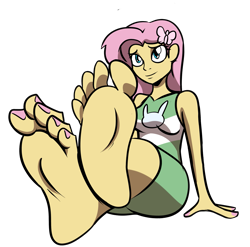 Size: 1989x1965 | Tagged: safe, artist:azure-arts, fluttershy, human, equestria girls, g4, barefoot, clothes, commission, commissioner:zanyonepip, crossed legs, feet, female, fetish, foot fetish, foot focus, shirt, simple background, skirt, sleeveless, sleeveless shirt, soles, solo, toes, transparent background