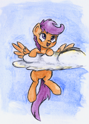 Size: 2688x3732 | Tagged: safe, artist:chevaleto, derpibooru exclusive, scootaloo, pegasus, pony, g4, cloud, female, filly, flying, foal, high res, looking up, open mouth, solo, spread wings, traditional art, watercolor painting, wings