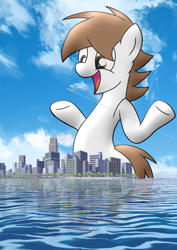 Size: 2894x4093 | Tagged: safe, artist:shakey_kyane929, oc, oc only, oc:shakerato, earth pony, pony, city, giant pony, highrise ponies, macro, male, ocean, plane, stallion, water