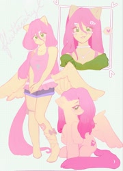 Size: 1475x2048 | Tagged: dead source, safe, artist:yumei16, fluttershy, human, pegasus, pony, equestria girls, g4, blushing, colored, cute, duo, female, human ponidox, mare, name, ponied up, self paradox, self ponidox, shyabetes, simple background, sketch, white background