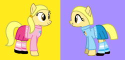 Size: 787x379 | Tagged: safe, artist:fantasygirls56, artist:goldilocksandthethreebears38, edit, aura (g4), first base, oc, oc:charlotte borgquist, oc:violet rossiter, earth pony, pegasus, pony, g4, best friends, clothes, dress, duo, duo female, female, friends, kids, mare, pegasus first base, ponified, ponytails, purple background, race swap, shoes, simple background, skirt, socks, striped socks, sweater, yellow background