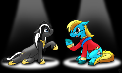 Size: 4800x2880 | Tagged: safe, artist:dragonwolfrooke, oc, oc only, oc:4everfreebrony, earth pony, pony, 4everfreebrony, clothes, cosplay, costume, duo, female, floppy ears, gritted teeth, high res, hoof shoes, lying down, male, mare, on side, peytral, sad, singing, sitting, spotlight, stallion, teeth, unshorn fetlocks
