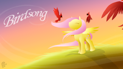 Size: 2400x1350 | Tagged: safe, artist:dragonwolfrooke, fluttershy, bird, cardinal, pegasus, pony, g4, 4everfreebrony, eyes closed, female, hill, lineless, mare, solo, song cover, spread wings, sunset, windswept mane, wings