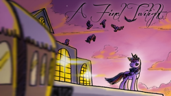 Size: 2400x1350 | Tagged: safe, artist:dragonwolfrooke, twilight sparkle, alicorn, bird, pony, g4, 4everfreebrony, cloud, crown, female, flock, jewelry, mare, regalia, sad, solo, song cover, standing, train, train station, turned head, twilight (astronomy), twilight sparkle (alicorn)