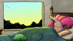 Size: 4000x2250 | Tagged: safe, artist:dragonwolfrooke, gummy, pinkie pie, alligator, earth pony, pony, g4, 4everfreebrony, bed, duo, female, high res, mare, pink side of the moon, sleeping, smiling, sunrise, window