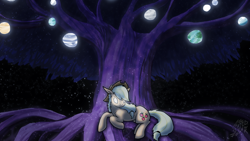 Size: 2400x1350 | Tagged: safe, artist:dragonwolfrooke, applejack, earth pony, pony, g4, 4everfreebrony, applejack's hat, cowboy hat, female, floating, glowing, glowing eyes, hat, mare, night, planet, solo, space, tree