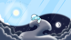 Size: 4000x2250 | Tagged: safe, artist:dragonwolfrooke, oc, oc only, oc:snowdrop, pegasus, pony, 4everfreebrony, cloud, female, filly, foal, high res, looking up, lying down, moon, on a cloud, prone, sky, solo, sun, yin-yang