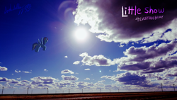 Size: 3264x1836 | Tagged: safe, artist:dragonwolfrooke, rainbow dash, pegasus, pony, g4, 4everfreebrony, arizona, cloud, female, flying, high res, irl, mare, photo, ponies in real life, sky, solo, song cover, sun, wind turbine