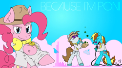 Size: 1920x1080 | Tagged: safe, artist:fritzybeat, pinkie pie, oc, oc:4everfreebrony, earth pony, pony, unicorn, g4, 4everfreebrony, bipedal, bowtie, clothes, hat, looking at you, microphone, musical instrument, necktie, pharrell williams, saxophone, shirt, smiling, smirk, song cover, watch