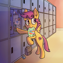 Size: 1400x1400 | Tagged: safe, artist:mentotoothpicks, rainbow dash, scootaloo, pegasus, pony, g4, 4everfreebrony, cute, cutealoo, female, filly, foal, leaning, lockers, looking sideways, mouth hold, scootalove, solo, spread wings, wings