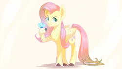 Size: 3840x2160 | Tagged: safe, artist:naafreelanceartist, fluttershy, butterfly, pegasus, pony, g4, aside glance, butterfly on hoof, colored hooves, crepuscular rays, female, folded wings, full body, high res, hoof hold, insect on someone, long tail, looking at you, mare, raised hoof, smiling, solo, standing, tail, wallpaper, wings
