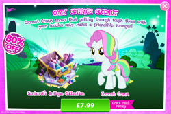 Size: 1962x1301 | Tagged: safe, gameloft, coconut cream, earth pony, pony, g4, my little pony: magic princess, official, advertisement, bush, english, female, filly, foal, introduction card, mare, mobile game, numbers, sale, solo, text