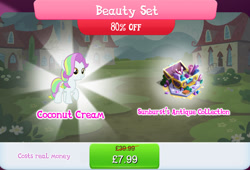 Size: 1266x861 | Tagged: safe, gameloft, coconut cream, earth pony, pony, g4, my little pony: magic princess, official, beauty set, bundle, bush, english, female, filly, foal, mare, mobile game, numbers, sale, solo, text
