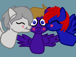 Size: 1000x751 | Tagged: safe, artist:hurricanehunter03, derpibooru exclusive, oc, oc only, oc:ion sparkplug, oc:shrapnel, oc:wing front, pegasus, pony, bisexual, blushing, boyfriend, bust, cheek kiss, cute, female, husband and wife, kiss sandwich, kissing, male, married couple, pegasus oc, polyamory, simple background, spread wings, wide eyes, wingboner, wings