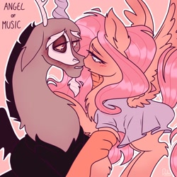 Size: 1600x1600 | Tagged: safe, artist:the-fucking-cannibal, discord, fluttershy, pegasus, pony, g4, alternate universe, antlers, blushing, clothes, costume, female, horn, imminent kissing, looking at each other, looking at someone, male, mask, outline, phantom of the opera, ship:discoshy, shipping, spread wings, straight, text, white outline, wings