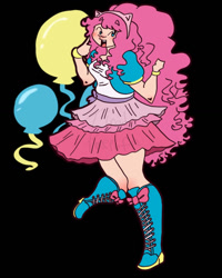 Size: 828x1035 | Tagged: safe, artist:furrymurry, pinkie pie, human, equestria girls, g4, balloon, black background, boots, clothes, female, high heel boots, humanized, jacket, shirt, shoes, simple background, skirt, solo, vest