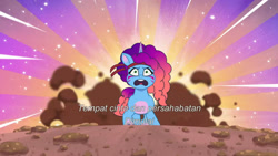 Size: 3072x1727 | Tagged: safe, screencap, misty brightdawn, pony, unicorn, friday night food fight, g5, my little pony: tell your tale, spoiler:g5, spoiler:my little pony: tell your tale, spoiler:tyts01e66, cute, female, headband, indonesian, mare, mistybetes, open mouth, rebirth misty, solo, subtitles, war paint