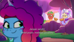 Size: 3072x1727 | Tagged: safe, screencap, elderberry blossom, grassy hills, misty brightdawn, pony, unicorn, friday night food fight, g5, my little pony: tell your tale, spoiler:g5, spoiler:my little pony: tell your tale, spoiler:tyts01e66, female, food, indonesian, male, mare, pie, rebirth misty, smiling, stallion, subtitles, trio