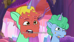 Size: 3072x1727 | Tagged: safe, screencap, emerald saucer, pony, unicorn, friday night food fight, g5, my little pony: tell your tale, spoiler:g5, spoiler:my little pony: tell your tale, spoiler:tyts01e66, duo, duo male, frown, indonesian, male, open mouth, stallion, straw cup (g5), subtitles, unnamed character