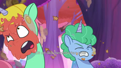 Size: 3072x1727 | Tagged: safe, screencap, emerald saucer, pony, unicorn, friday night food fight, g5, my little pony: tell your tale, spoiler:g5, spoiler:my little pony: tell your tale, spoiler:tyts01e66, duo, duo male, eyes closed, frown, indonesian, male, open mouth, stallion, straw cup (g5), subtitles, unnamed character
