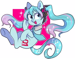 Size: 2048x1607 | Tagged: safe, artist:regkitty, earth pony, pony, anime, female, hatsune miku, headphones, mare, necktie, open mouth, pigtails, ponified, simple background, solo, vocaloid, white background
