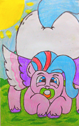 Size: 2182x3484 | Tagged: safe, artist:bitter sweetness, queen haven, pegasus, pony, g5, my little pony: a new generation, my little pony: make your mark, my little pony: tell your tale, abdl, adult diaper, adult foal, blue eyes, blue sky, diaper, diaper fetish, fetish, grass, looking at you, non-baby in diaper, pacifier, poofy diaper, traditional art