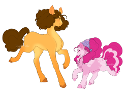Size: 2888x2220 | Tagged: safe, artist:lesghostie, cheese sandwich, pinkie pie, earth pony, pony, g4, bald face, beard, belly fluff, blaze (coat marking), butt fluff, chest fluff, coat markings, colored hooves, dappled, duo, duo male and female, eyes closed, facial hair, facial markings, female, gradient legs, headcanon in the description, height difference, high res, husband and wife, larger male, lightly watermarked, male, mare, pale belly, ship:cheesepie, shipping, simple background, size difference, smaller female, socks (coat markings), stallion, straight, tongue out, transparent background, unshorn fetlocks, watermark, white background