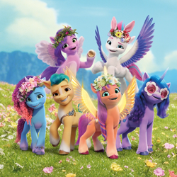Size: 1080x1080 | Tagged: safe, hitch trailblazer, izzy moonbow, misty brightdawn, pipp petals, sunny starscout, zipp storm, alicorn, earth pony, pegasus, pony, unicorn, g5, my little pony: a new generation, my little pony: make your mark, official, adorapipp, alternate design, alternate hair color, artificial horn, artificial wings, augmented, blaze (coat marking), bracelet, bunny ears, cloud, coat markings, cute, depth of field, discussion in the comments, facial markings, female, floral head wreath, flower, flying, friendship bracelet, glasses, glowing, glowing horn, glowing wings, grass, grass field, grin, group, hoof heart, horn, how do hooves work?, jewelry, looking at you, male, mane five, mane six (g5), mane stripe sunny, mare, mistybetes, mountain, mountain range, open mouth, open smile, race swap, raised hoof, raised leg, rebirth misty, royal sisters (g5), sash, sextet, sheriff's badge, siblings, sisters, sky, smiling, smiling at you, socks (coat markings), spread wings, stallion, stock render, sunglasses, sunnycorn, underhoof, unshorn fetlocks, upside-down hoof heart, wall of tags, wings