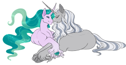 Size: 2200x1135 | Tagged: safe, artist:lesghostie, mistmane, star swirl the bearded, pony, unicorn, g4, beard, cloven hooves, coat markings, colored hooves, curved horn, duo, ethereal mane, ethereal tail, eyes closed, eyeshadow, facial hair, facial markings, female, gradient hooves, gradient legs, horn, horns are touching, long fetlocks, lying down, makeup, male, mare, missing cutie mark, mistswirl, moustache, nuzzling, prone, shipping, simple background, sparkly hooves, stallion, star (coat marking), straight, tail, transparent background, unshorn fetlocks