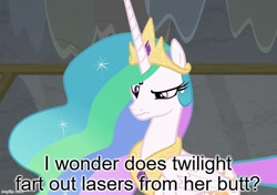 Size: 710x500 | Tagged: safe, edit, edited screencap, screencap, princess celestia, alicorn, pony, g4, horse play, confused, imgflip, implied farting, meme, solo, text