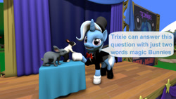 Size: 640x360 | Tagged: safe, artist:ask-the-luna-knight, trixie, pony, rabbit, unicorn, g4, 3d, animal, dialogue, female, mare, source filmmaker, speech bubble, talking to viewer, text