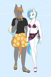 Size: 1365x2048 | Tagged: safe, artist:mscolorsplash, oc, oc only, earth pony, unicorn, anthro, plantigrade anthro, belly button, bikini, blue background, breasts, cleavage, clothes, commission, duo, duo male and female, female, height difference, holding hands, male, mare, oc x oc, sarong, shipping, simple background, stallion, straight, swimming trunks, swimsuit