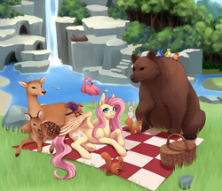 Size: 2010x1734 | Tagged: safe, artist:rupustea, fluttershy, bear, bird, deer, flamingo, pegasus, pony, rabbit, squirrel, g4, animal, basket, female, lying down, mare, partially open wings, picnic basket, picnic blanket, prone, sweet feather sanctuary, water, waterfall, wings