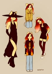 Size: 2480x3508 | Tagged: safe, artist:katputze, oc, oc only, oc:crimson sunset, unicorn, anthro, plantigrade anthro, beige background, black dress, clothes, denim, dress, eye clipping through hair, female, hat, high heels, high res, hoodie, jeans, kneeling, looking at you, mare, no tail, pants, platform heels, shoes, signature, simple background, solo, stockings, thigh highs, vest