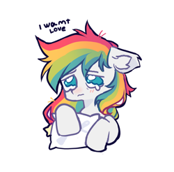Size: 2452x2408 | Tagged: oc name needed, safe, artist:monphys, oc, oc only, pegasus, pony, blush lines, blushing, ear fluff, ears back, high res, multicolored hair, pillow, rainbow hair, sad, simple background, solo, teal eyes, teary eyes, text, white background