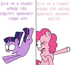 Size: 3351x3023 | Tagged: safe, artist:professorventurer, pinkie pie, twilight sparkle, earth pony, pony, unicorn, g4, disgusted, falling, high res, unicorn twilight, would you rather