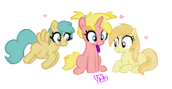 Size: 249x129 | Tagged: safe, artist:algoatall, artist:truthormare, artist:violavaquita, noi, rainy feather, oc, oc:dared step, earth pony, pegasus, pony, unicorn, g4, aggie.io, drawing, female, filly, foal, heart, lowres, mouth hold, simple background, transparent background, younger