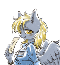 Size: 2650x2867 | Tagged: safe, artist:kovoranu, derpy hooves, pegasus, anthro, g4, clothes, cute, female, high res, mailmare, mailpony, simple background, solo, uniform, white background