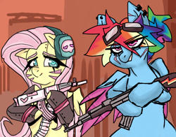 Size: 1484x1164 | Tagged: safe, artist:sabytthe, fluttershy, rainbow dash, pegasus, pony, g4, ak-47, assault rifle, colored eyebrows, colored wings, duo, ear piercing, earmuffs, eye clipping through hair, eye scar, facial scar, female, goggles, goggles on head, grin, gun, hair over one eye, half body, heart, heart eyes, hoof hold, mare, piercing, rifle, scar, smiling, two toned wings, weapon, whisker markings, wingding eyes, wings