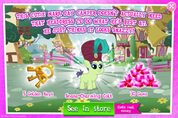 Size: 1961x1302 | Tagged: safe, gameloft, cucumber seed, earth pony, pony, g4, my little pony: magic princess, official, advertisement, colt, costs real money, english, foal, gem, hat, introduction card, key, male, mobile game, numbers, sale, solo, stallion, text