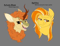 Size: 5506x4284 | Tagged: safe, artist:parrpitched, autumn blaze, spitfire, kirin, pegasus, pony, comic:the special talent initiative, g4, bust, open mouth, open smile, portrait, redesign, smiling