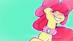 Size: 3840x2160 | Tagged: safe, artist:barnnest, apple bloom, earth pony, pony, g4, blushing, bust, collar, colored, eyelashes, female, flat colors, high res, jewelry, long mane, mare, medallion, necklace, older, older apple bloom, orange eyes, red mane, ribbon, simple background, smiling, solo, yellow coat