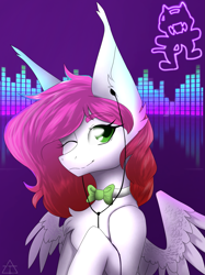 Size: 1899x2534 | Tagged: safe, oc, oc only, oc:ellie berryheart, pegasus, pony, g4, bowtie, ear fluff, equalizer, eyelashes, female, green eyes, headphones, hooves, long ears, monstercat, music, purple background, satisfied, simple background, solo, wings