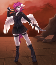 Size: 2281x2644 | Tagged: safe, artist:tenta, oc, oc only, oc:ellie berryheart, pegasus, anthro, alternate world, armor boots, big breasts, black, breasts, clothes, combat, green eyes, gun, hell, high res, jacket, knife, leather, leather jacket, looking at you, mesh, red sky, serious, skirt, solo, spikes, spread wings, stockings, stone, tail, thigh highs, weapon, wicked, wings