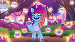 Size: 3072x1727 | Tagged: safe, screencap, misty brightdawn, pony, unicorn, friday night food fight, g5, my little pony: tell your tale, spoiler:g5, spoiler:my little pony: tell your tale, spoiler:tyts01e66, female, food, headband, indonesian, magic, mare, open mouth, open smile, pudding, rebirth misty, smiling, solo, subtitles, telekinesis