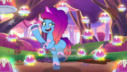 Size: 3072x1727 | Tagged: safe, screencap, misty brightdawn, pony, unicorn, friday night food fight, g5, my little pony: tell your tale, spoiler:g5, spoiler:my little pony: tell your tale, spoiler:tyts01e66, eyebrows, female, food, headband, indonesian, magic, mare, open mouth, open smile, pudding, raised eyebrow, rebirth misty, smiling, solo, subtitles, telekinesis