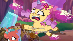 Size: 3072x1727 | Tagged: safe, screencap, molly blossom, shiny sparks, pony, unicorn, friday night food fight, g5, my little pony: tell your tale, spoiler:g5, spoiler:my little pony: tell your tale, spoiler:tyts01e66, duo, duo female, female, filly, foal, indonesian, mare, open mouth, subtitles